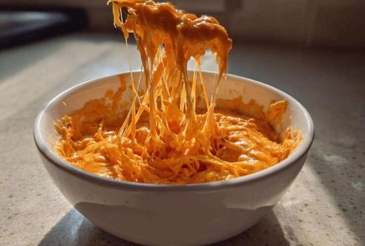 Close-up of a fork pulling up extremely stretchy, melted orange cheese from a bowl of chili cheese dip.