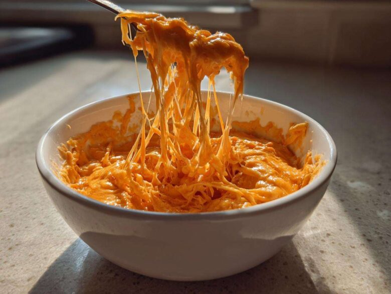 Close-up of a fork pulling up extremely stretchy, melted orange cheese from a bowl of chili cheese dip.