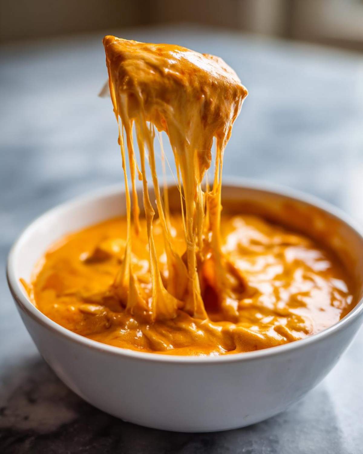 A spoonful of hot, gooey chili cheese dip showing long, dramatic cheese pulls over a white bowl.
