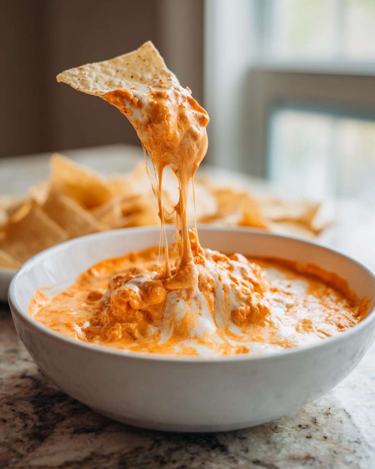 A tortilla chip pulls away from a bowl of hot, gooey chili cheese dip, showing amazing cheese stretch.