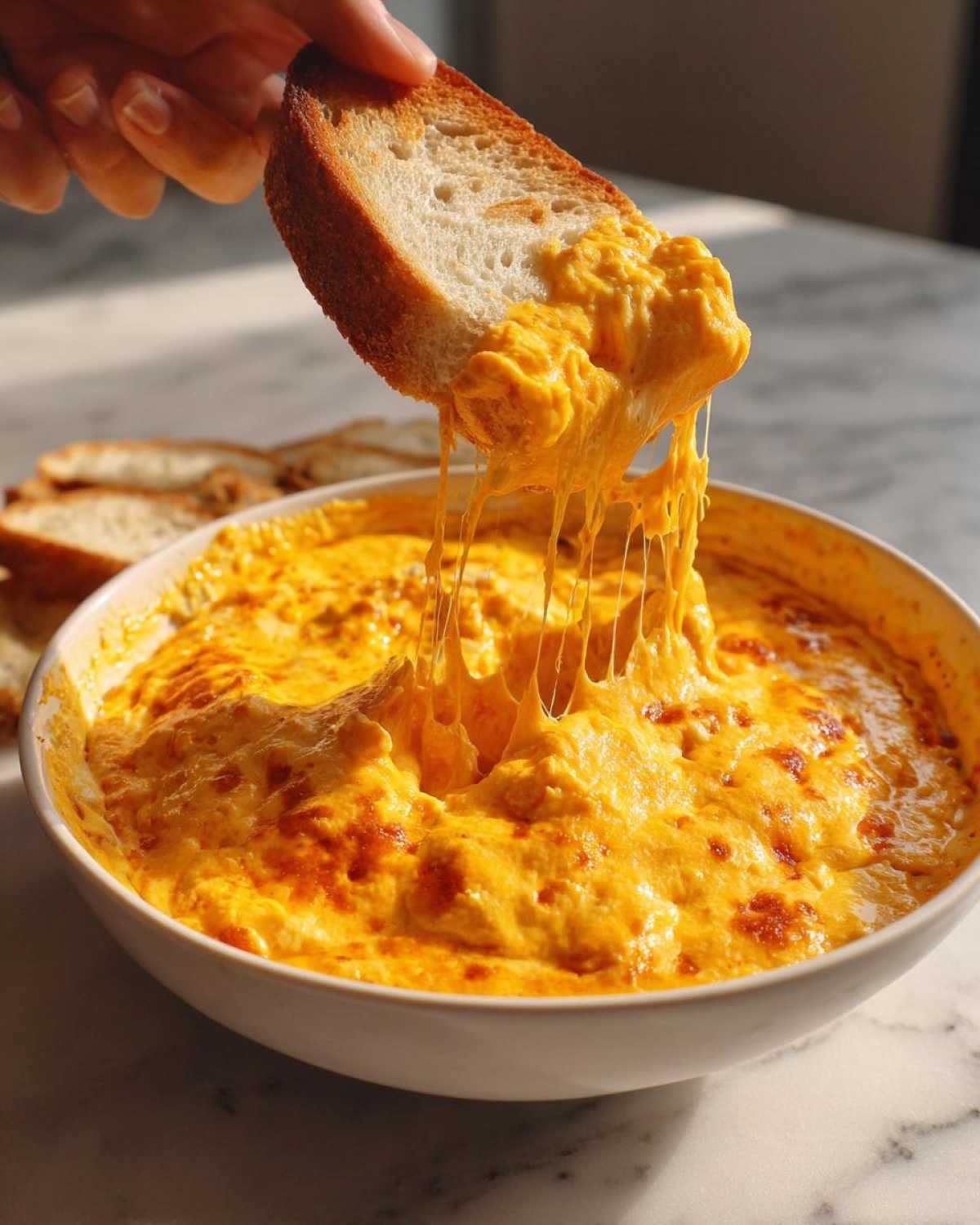 Hand dipping toasted bread into a bowl of hot, gooey chili cheese dip showing extreme cheese pull.