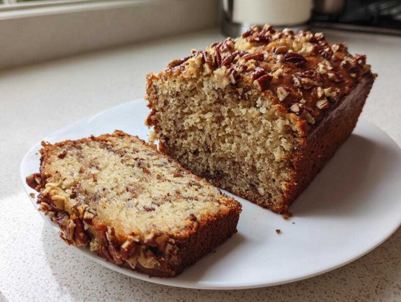 A loaf of sweet Alabama pecan bread sliced open on a white plate, showing a moist interior and pecan topping.
