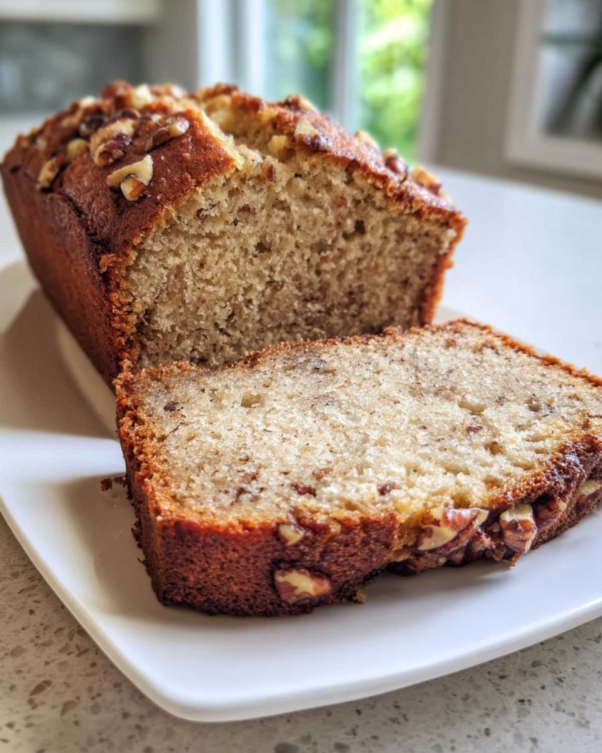 A close-up of a freshly baked sweet Alabama pecan bread loaf with one thick slice cut and resting on a white plate.