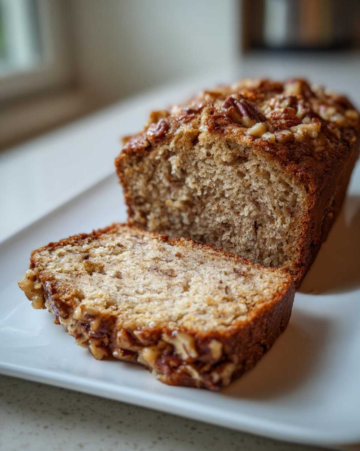 A loaf of sweet alabama pecan bread, partially sliced, showing the moist crumb and crunchy pecan topping.