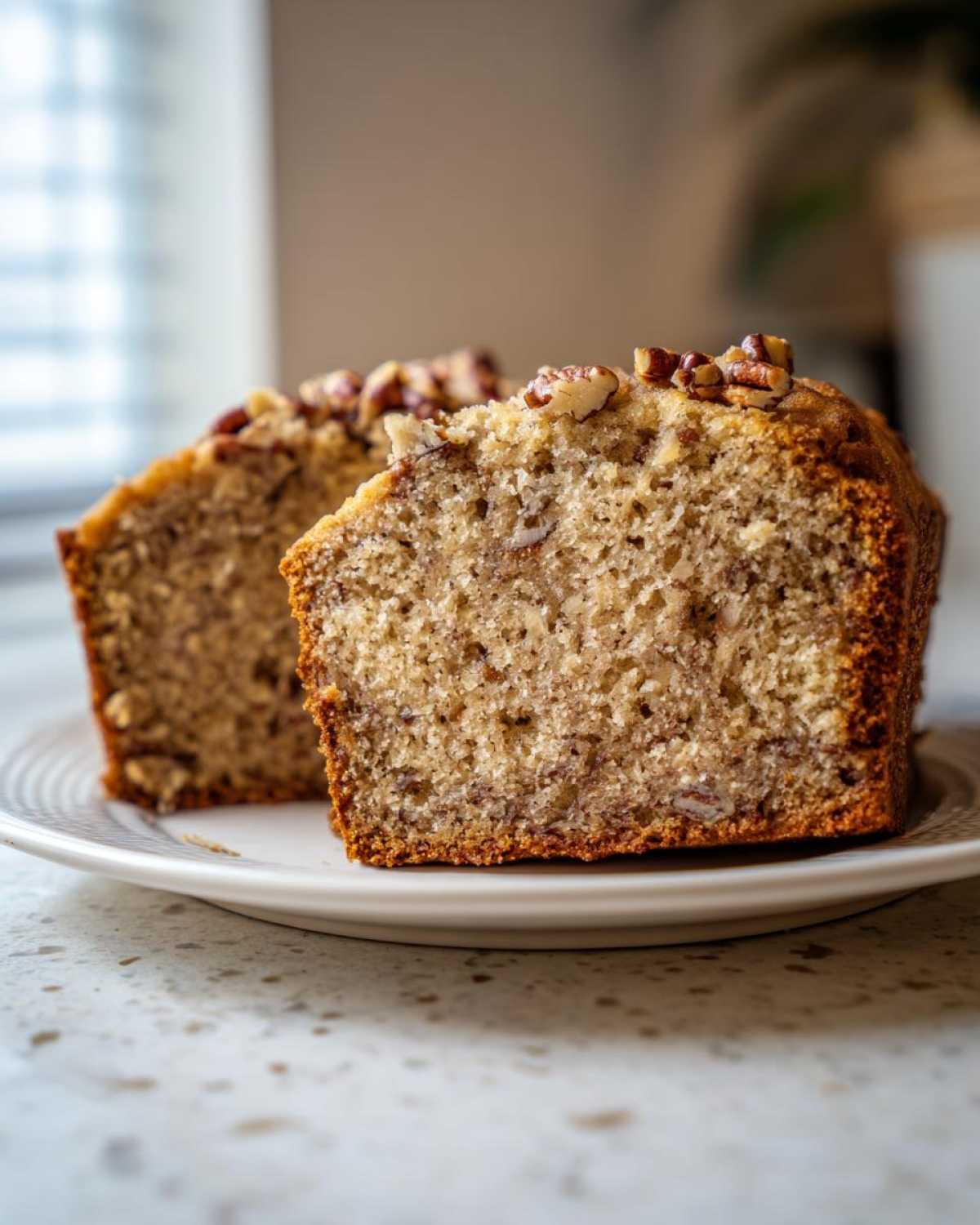Close-up of two moist slices of sweet alabama pecan bread topped with pecans, served on a white plate.