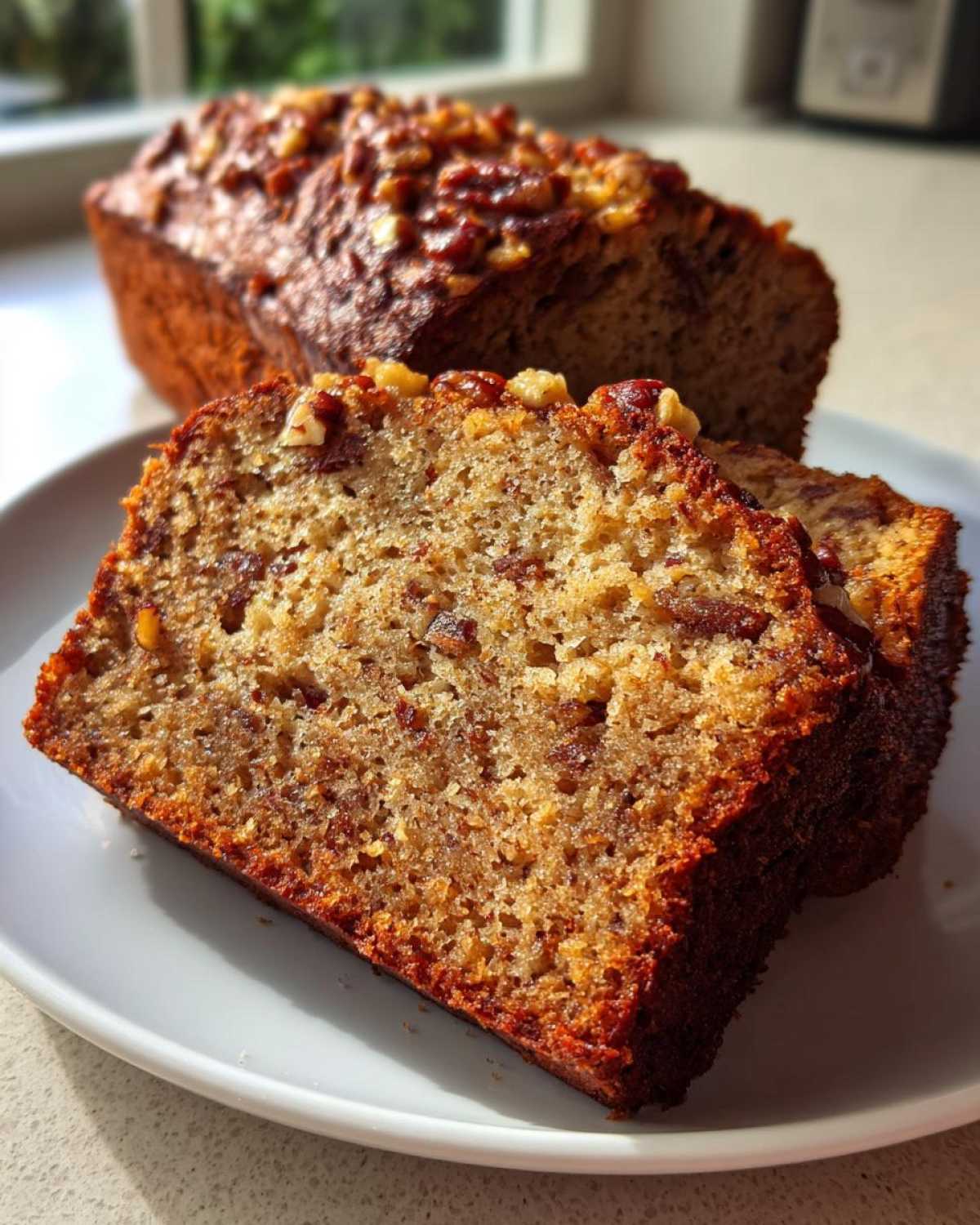 Close-up of two slices of moist sweet alabama pecan bread on a white plate, with the rest of the loaf topped with pecans visible behind them.