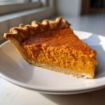 A close-up, sunlit slice of vibrant orange sweet potato pie resting on a white plate.