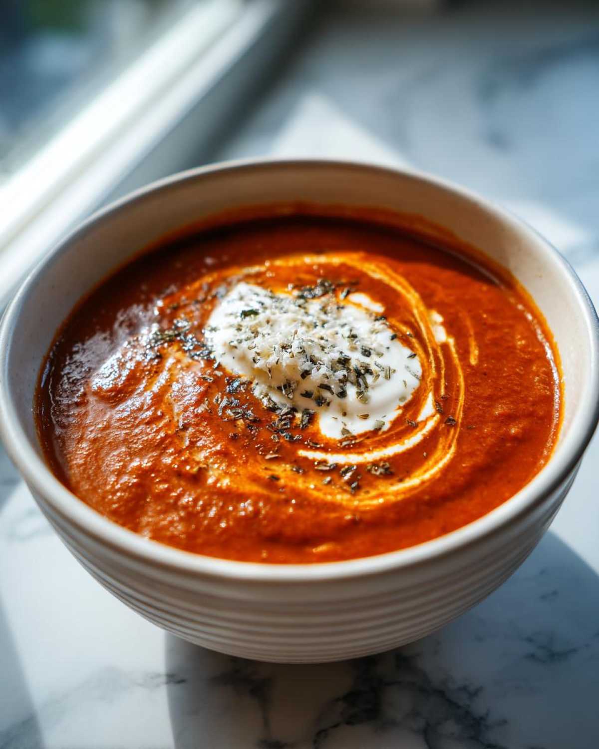 Close-up of a rich, vibrant bowl of tomato basil soup topped with a swirl of cream and dried herbs.