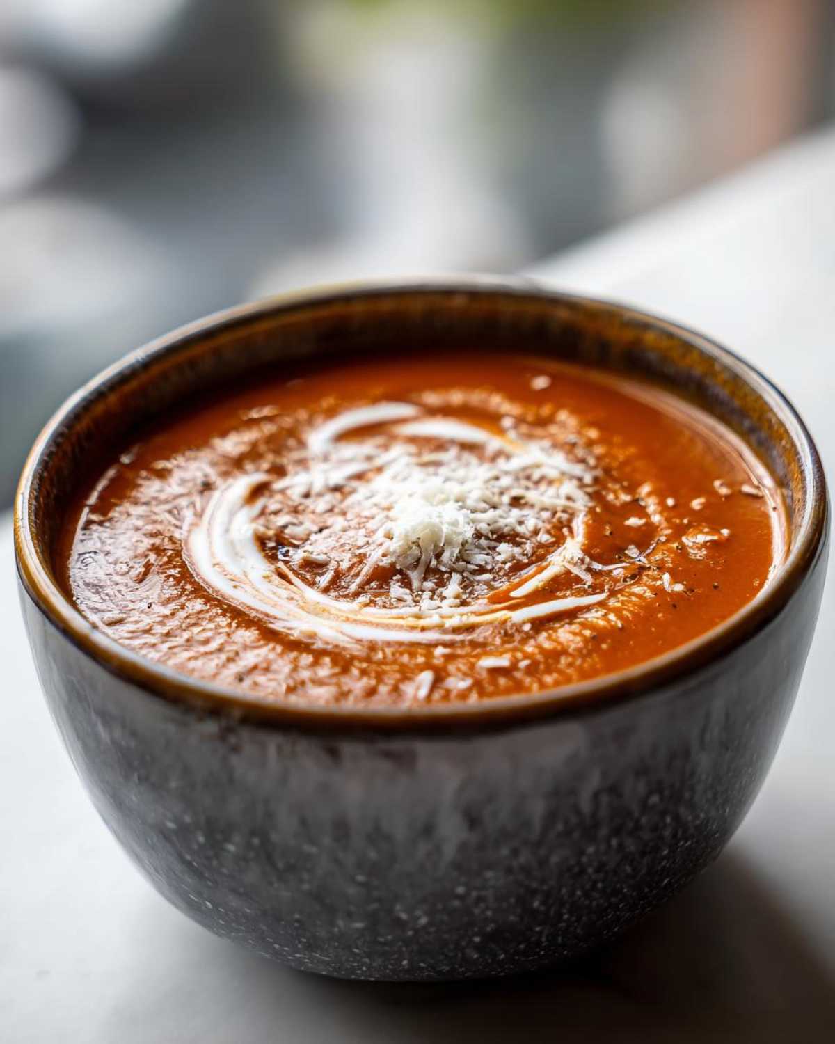 Close-up of creamy tomato basil soup topped with a swirl of cream and grated cheese.