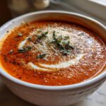 Close-up of a rich, orange-red bowl of tomato basil soup, topped with cream swirl, Parmesan, and fresh basil.