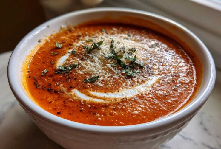 Close-up of a rich, orange-red bowl of tomato basil soup, topped with cream swirl, Parmesan, and fresh basil.
