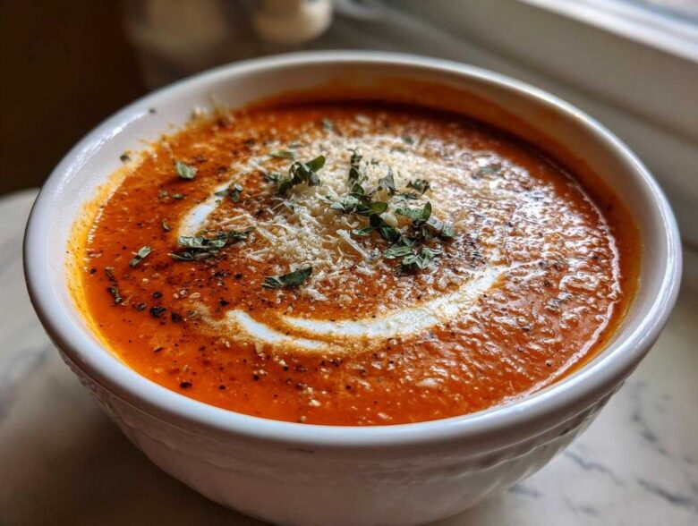 Close-up of a rich, orange-red bowl of tomato basil soup, topped with cream swirl, Parmesan, and fresh basil.