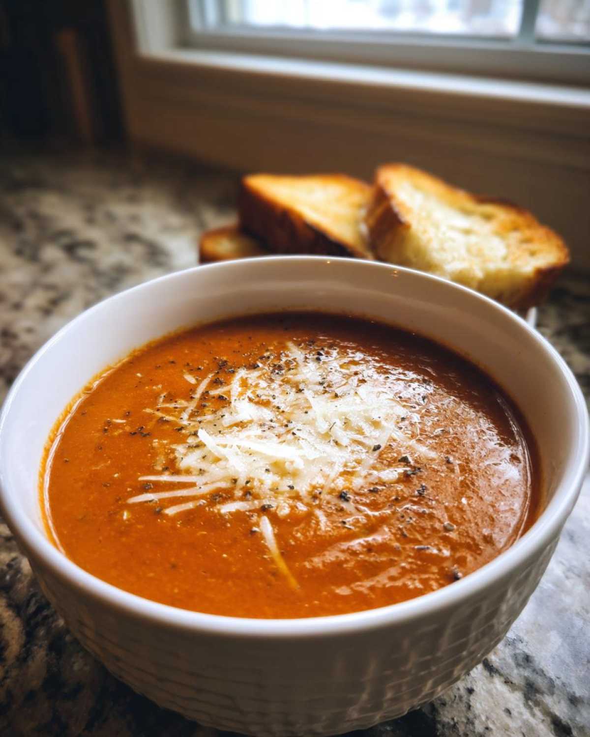 A close-up of a bowl of rich tomato basil soup topped with shredded Parmesan cheese and cracked black pepper.