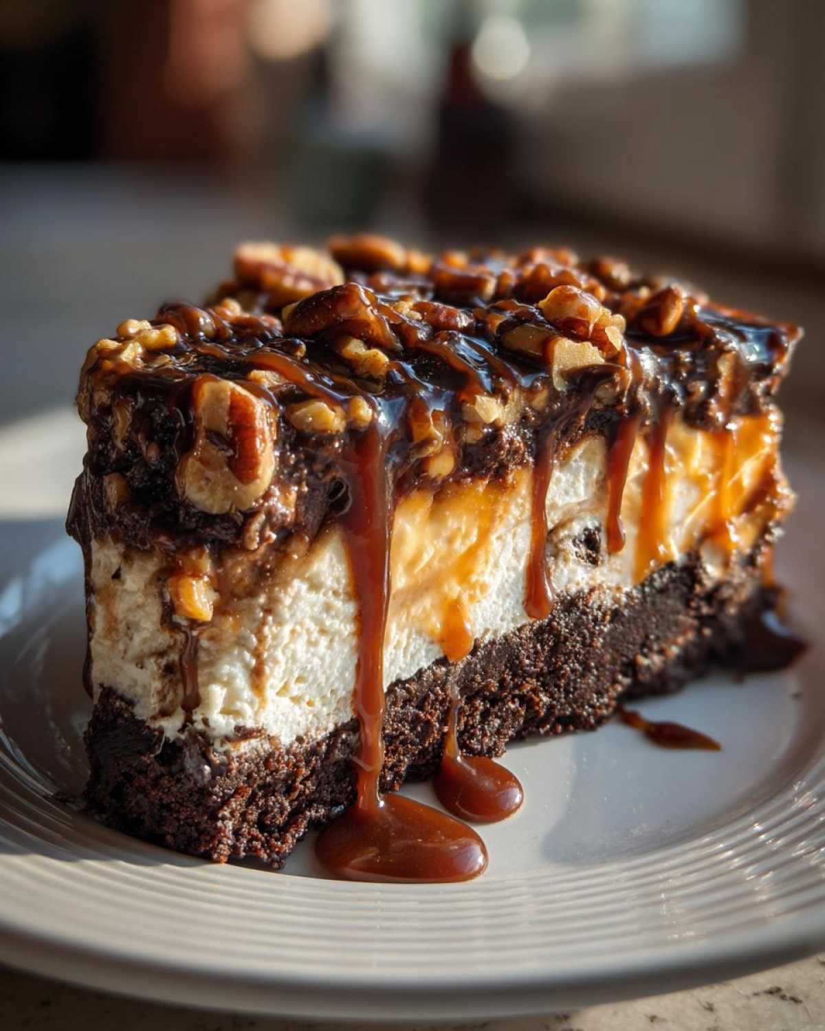 A rich slice of turtle cheesecake featuring a brownie base, creamy filling, and a topping of pecans, chocolate, and dripping caramel sauce.