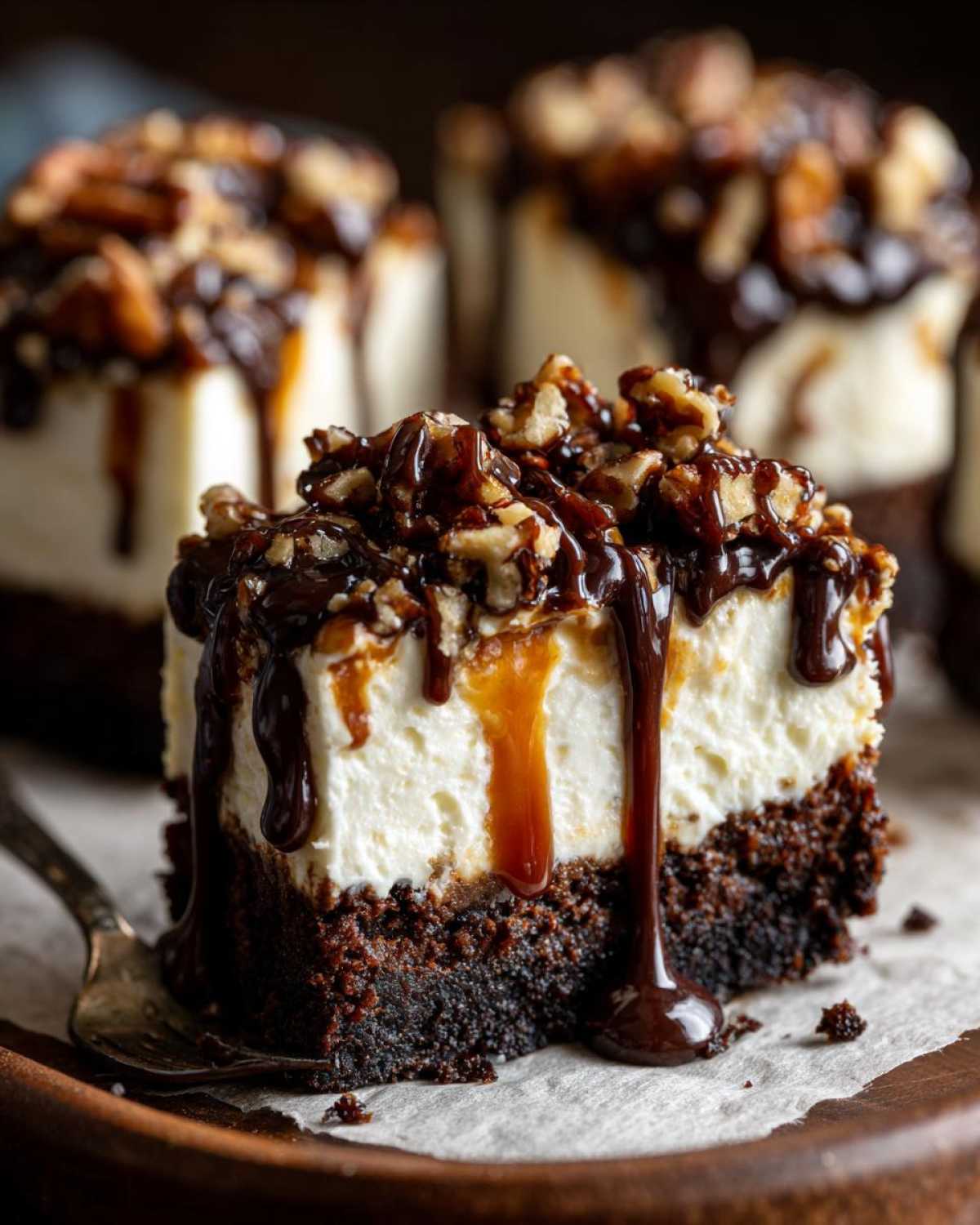 Close-up of a rich slice of turtle cheesecake featuring a dark crust, creamy white filling, and generous topping of pecans, caramel, and chocolate sauce.