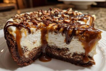 Close-up of a slice of turtle cheesecake showing the creamy filling, chocolate crust, and dripping caramel and chocolate sauce.