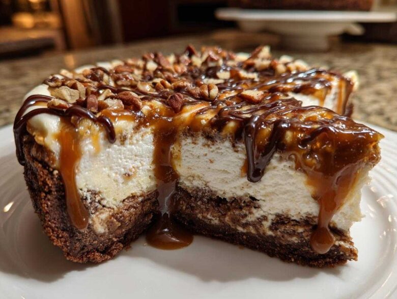 Close-up of a slice of turtle cheesecake showing the creamy filling, chocolate crust, and dripping caramel and chocolate sauce.