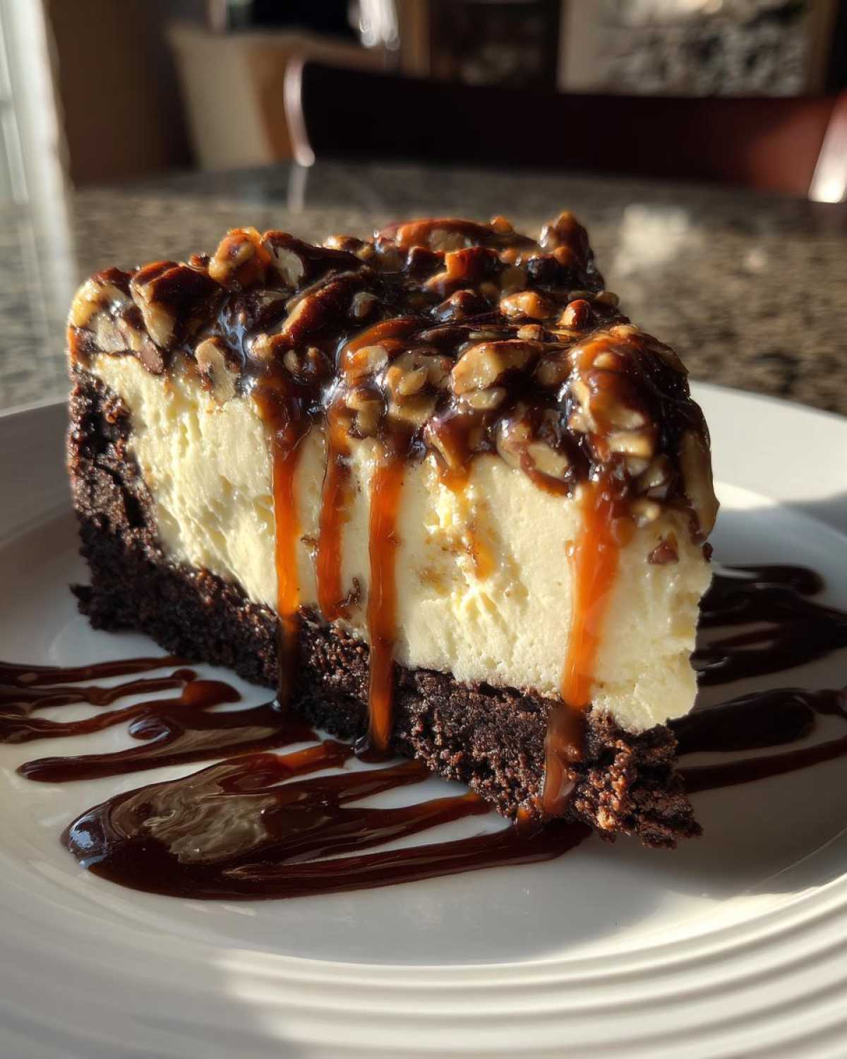 A close-up of a rich slice of turtle cheesecake on a white plate, featuring a brownie base, creamy filling, and pecan topping.