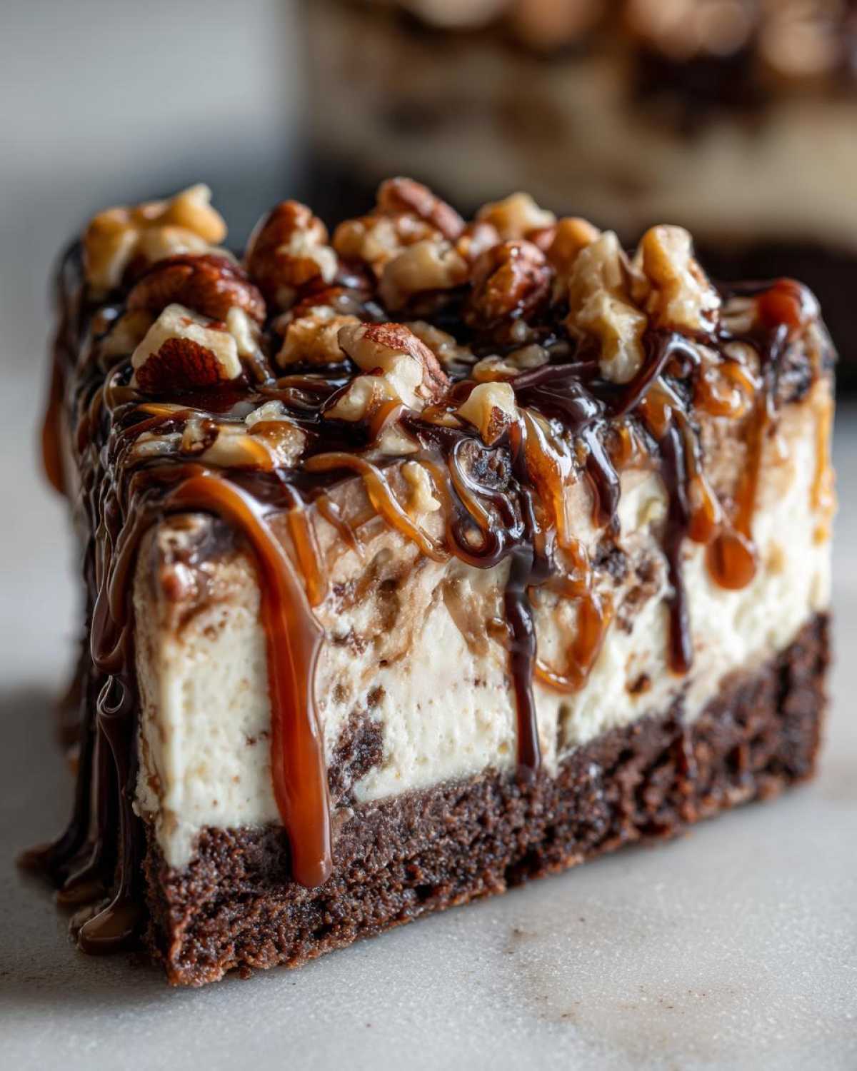 Close-up of a decadent slice of turtle cheesecake on a brownie crust, topped with pecans, caramel, and chocolate sauce.