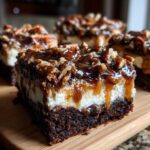 A decadent slice of turtle cheesecake featuring a dark brownie base, white cream layer, and topped with gooey caramel and pecans.