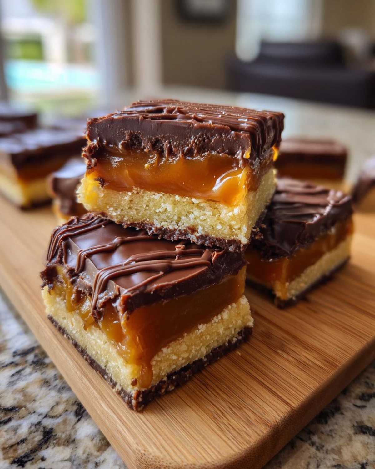 Close-up of stacked homemade twix cookies bars showing shortbread, gooey caramel, and chocolate topping.