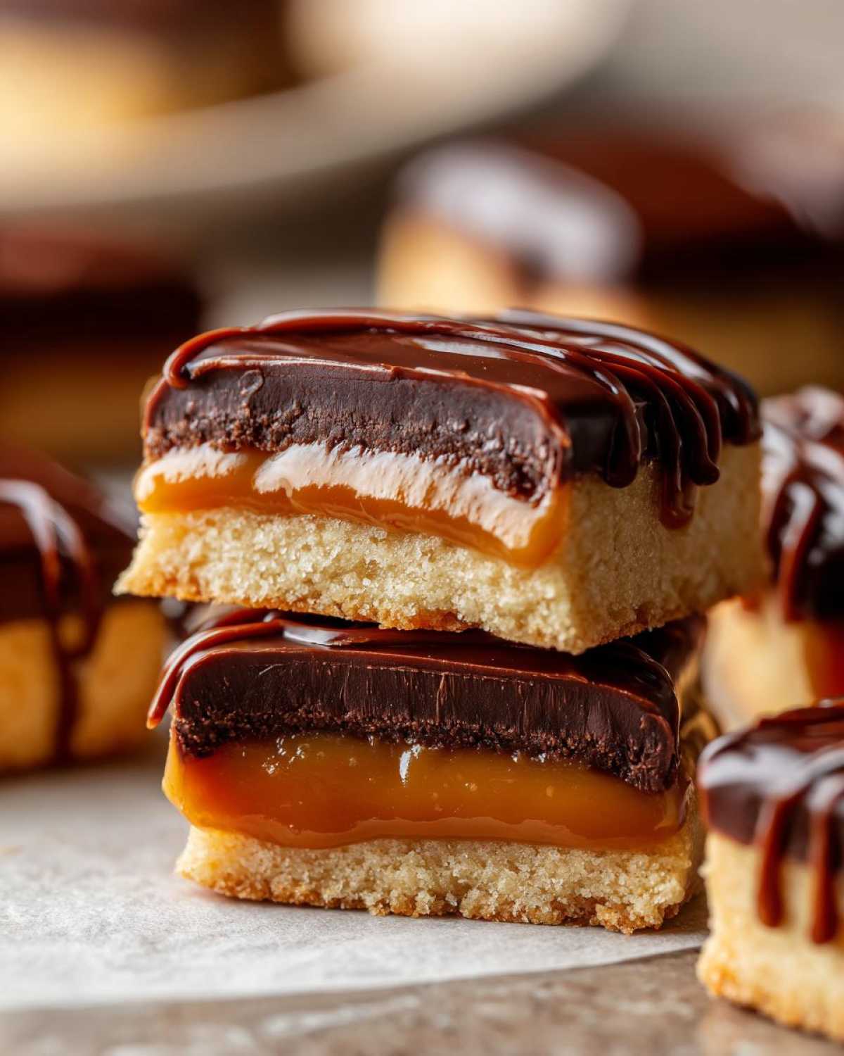 Two stacked, decadent twix cookies showing layers of shortbread, gooey caramel, chocolate ganache, and chocolate drizzle.