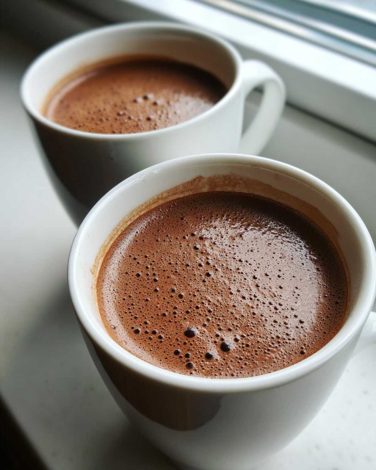 Close-up of two white mugs filled with rich, frothy hot chocolate sitting by a window.