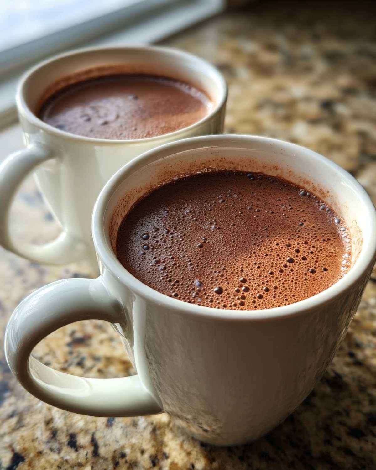 Close-up of two white mugs filled with rich, dark hot chocolate topped with small bubbles.