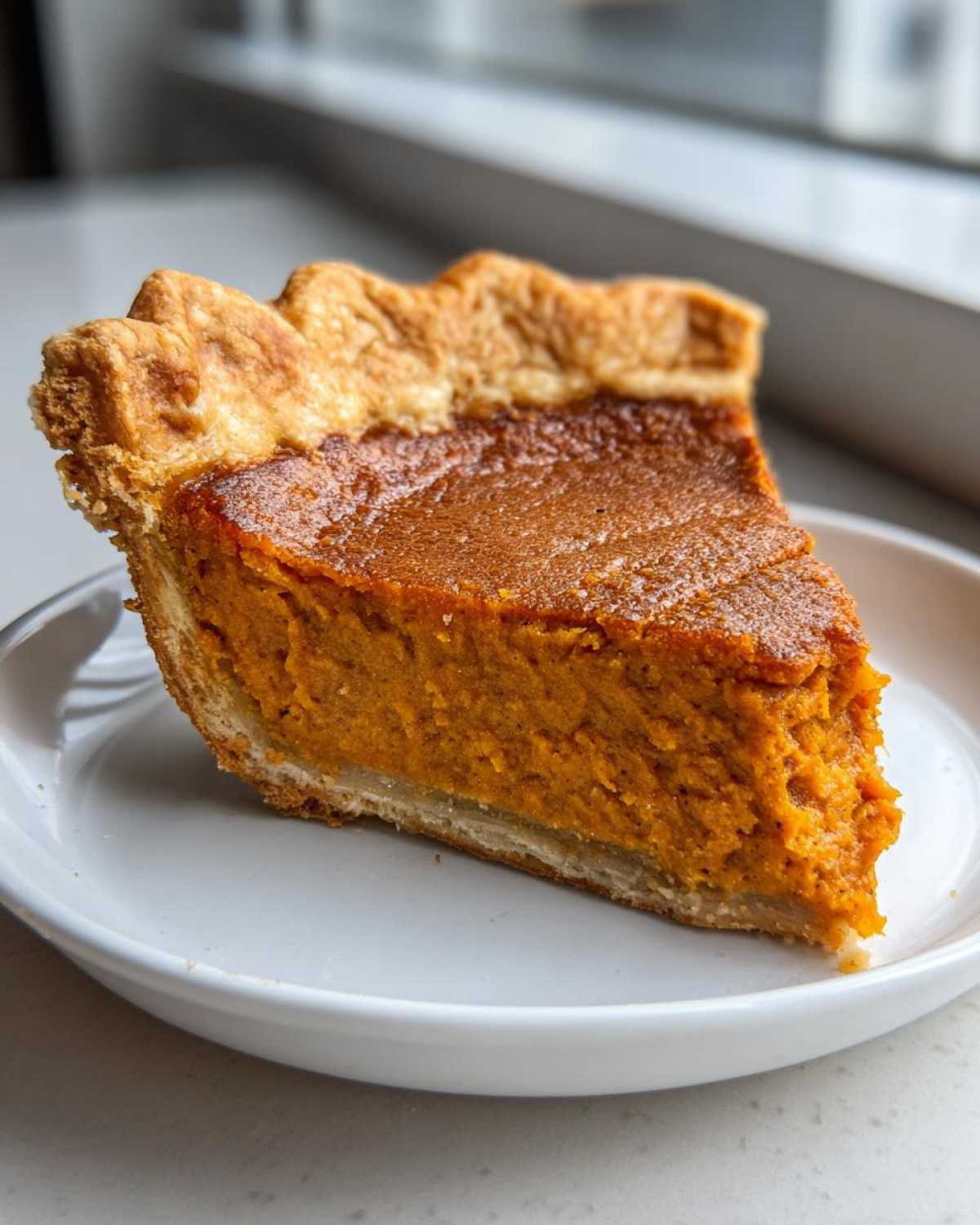 A close-up shot of a thick, creamy slice of sweet potato pie with a flaky crust on a white dish.