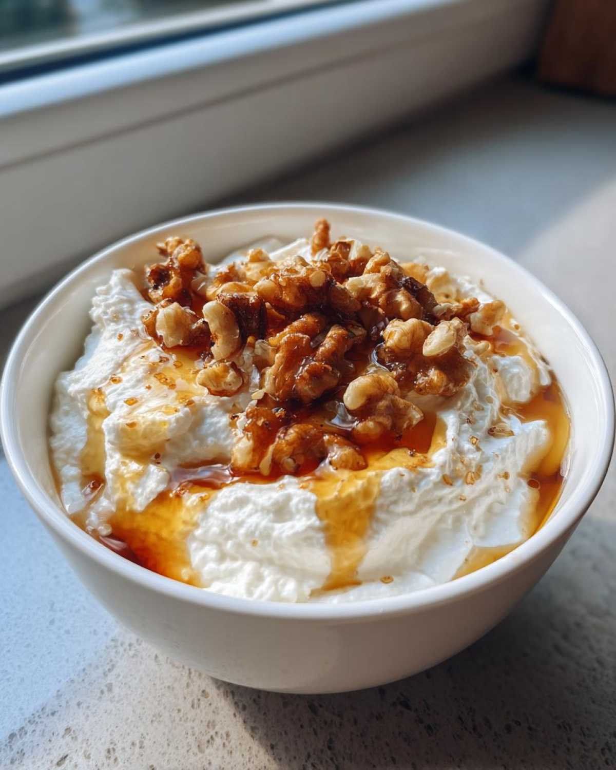 A white bowl filled with creamy whipped ricotta dip topped with candied walnuts and drizzled honey.