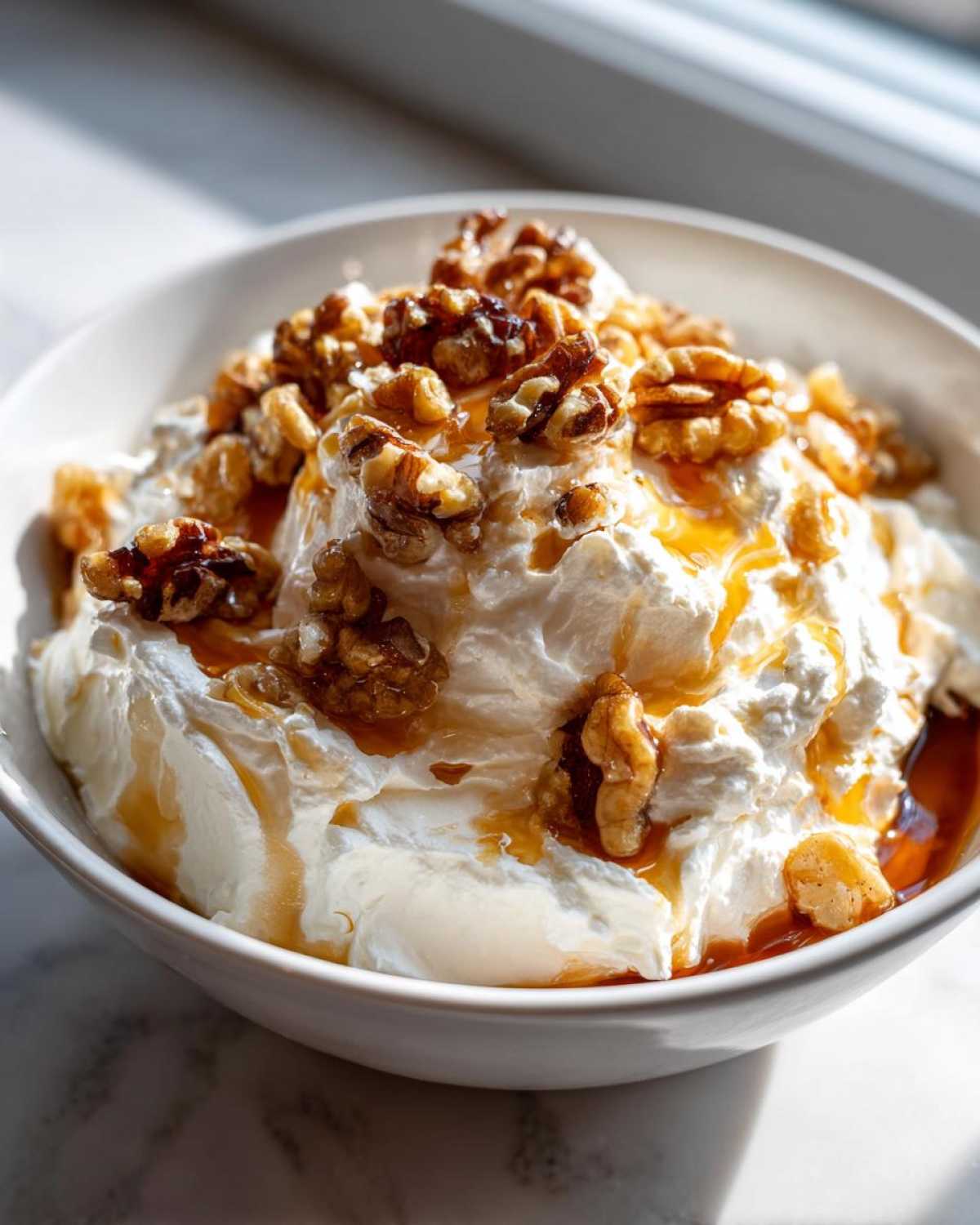 A bowl of fluffy whipped ricotta dip topped with crunchy walnuts and drizzled with golden honey.