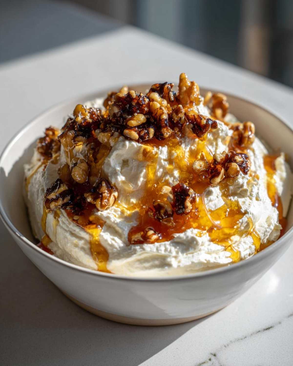 Close-up of creamy whipped ricotta dip topped with caramelized walnuts and drizzled with honey.