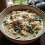 A close-up of a bowl of white chicken lasagna soup, topped with shredded Parmesan cheese and spices.