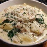 A close-up of a bowl of creamy white chicken lasagna soup, featuring pasta, chicken, spinach, and grated Parmesan cheese.