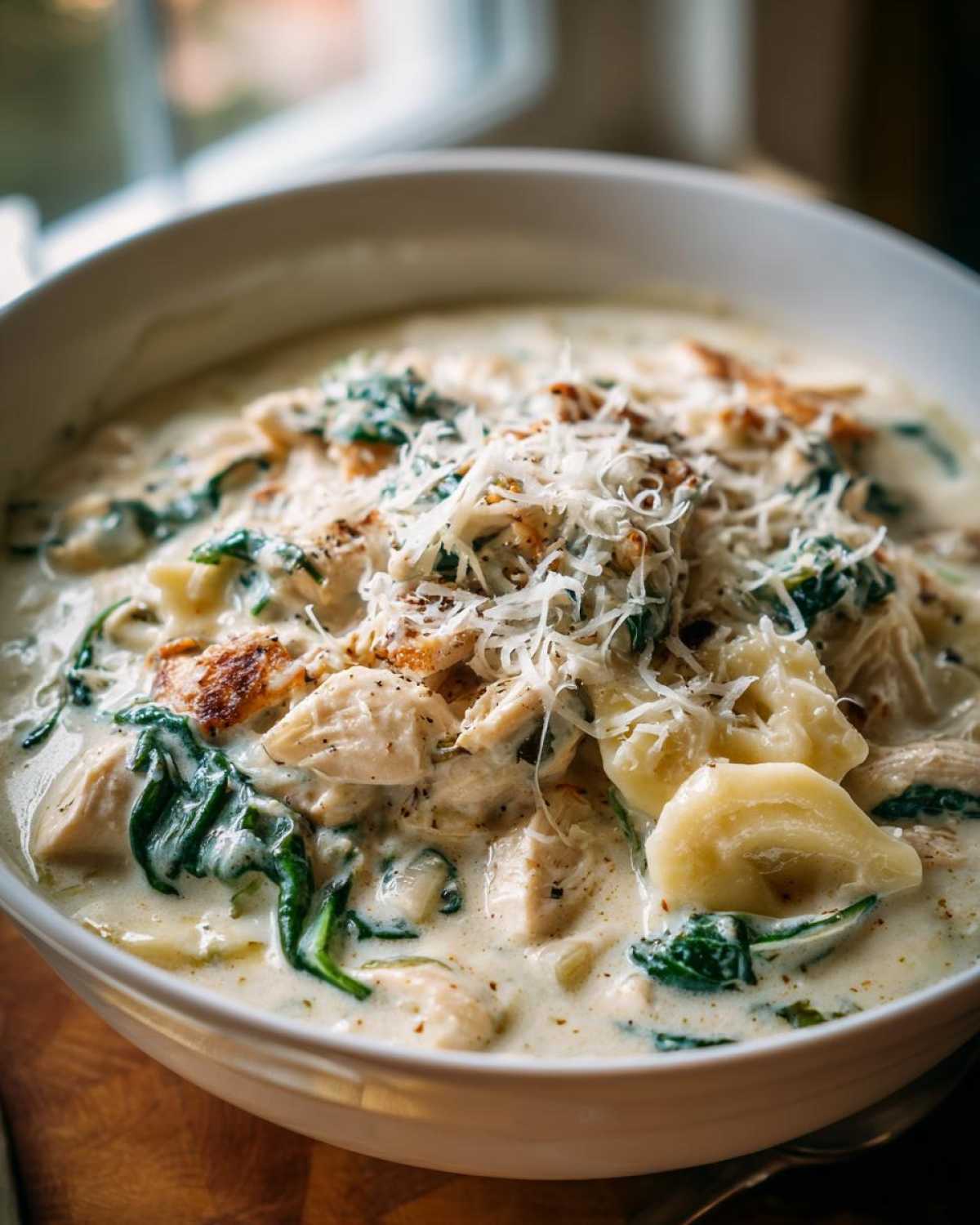 Close-up of a hearty bowl of white chicken lasagna soup topped with shredded Parmesan cheese and spinach.