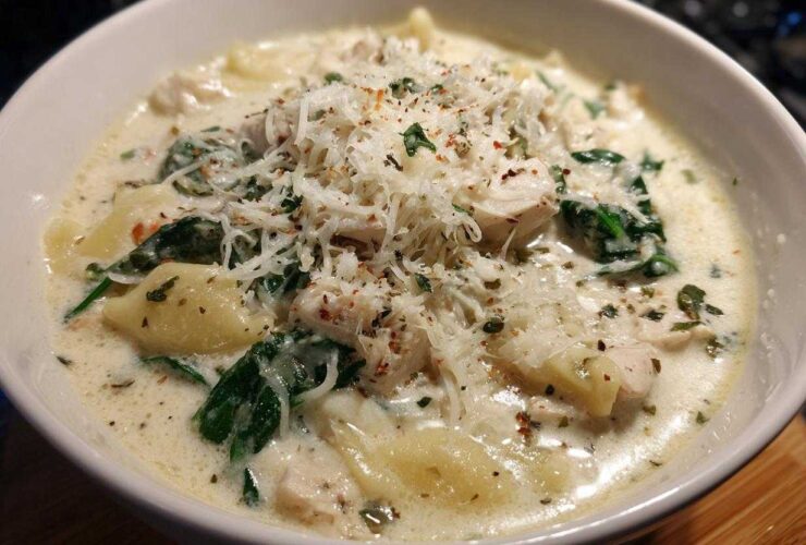 A close-up of a bowl of creamy white chicken lasagna soup, featuring pasta, chicken, spinach, and grated Parmesan cheese.
