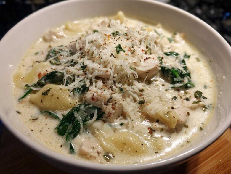 A close-up of a bowl of creamy white chicken lasagna soup, featuring pasta, chicken, spinach, and grated Parmesan cheese.
