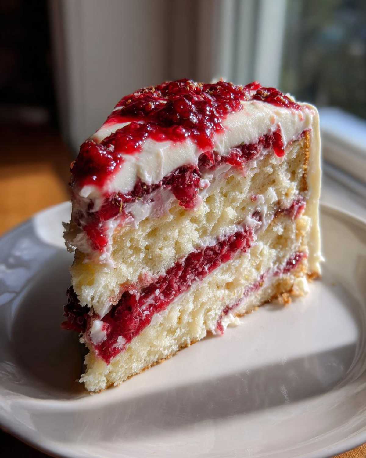 A generous slice of white chocolate raspberry cake showing three layers of white cake, raspberry filling, and white frosting.