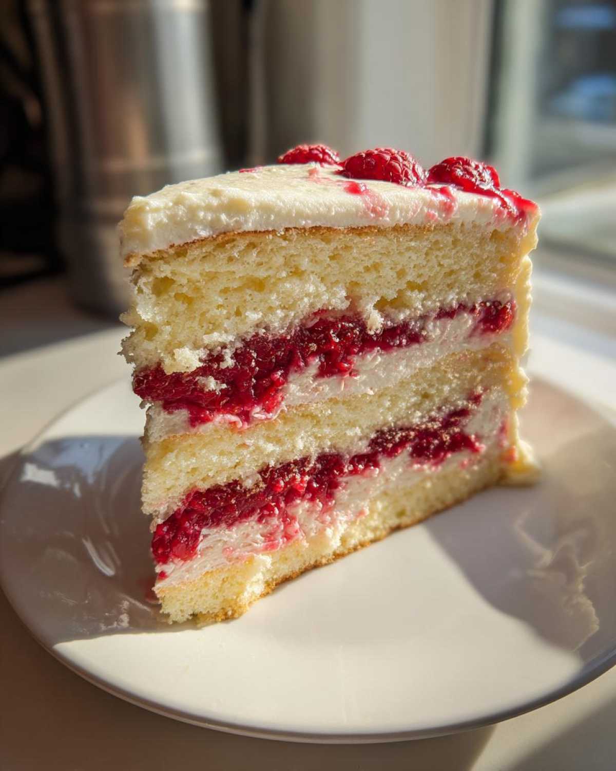 A close-up slice of white chocolate raspberry cake showing three layers of vanilla sponge, white frosting, and bright red raspberry filling.