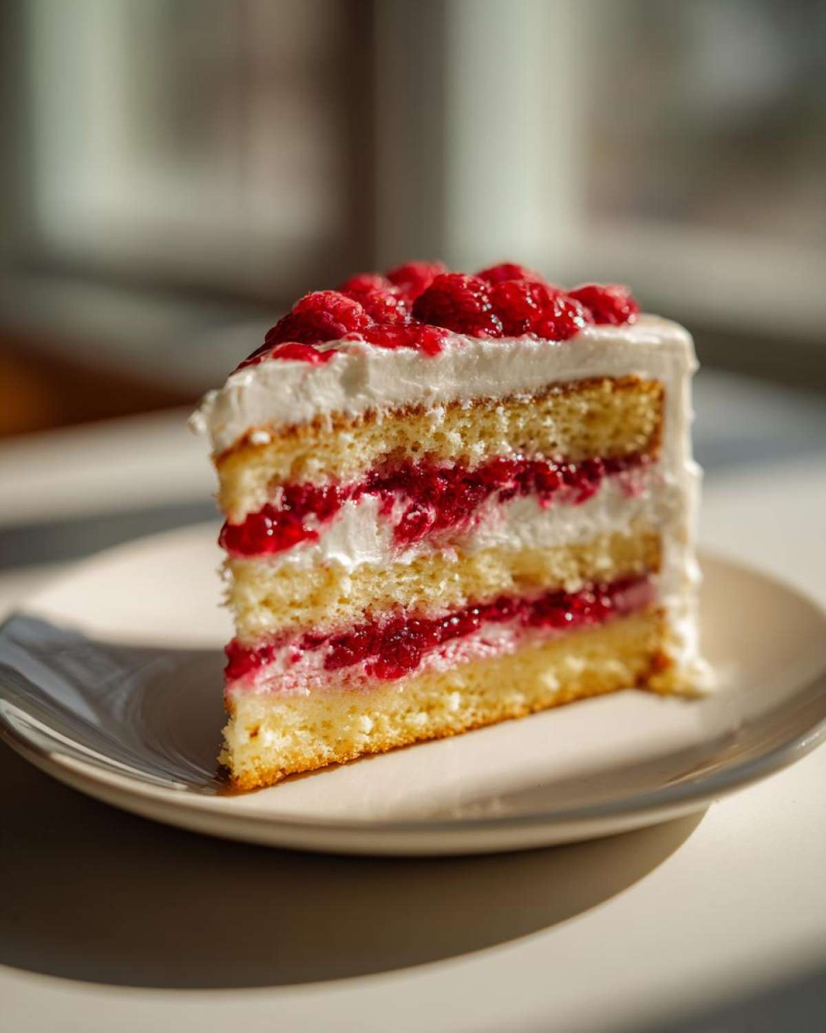 A perfect slice of white chocolate raspberry cake showing three layers of sponge, white frosting, and bright red raspberry filling.