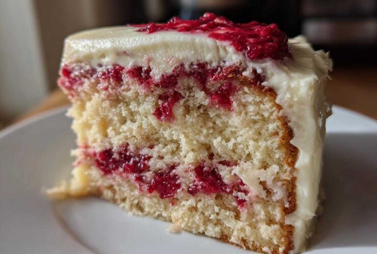 Close-up of a moist slice of white chocolate raspberry cake showing layers of white cake, raspberry filling, and white chocolate frosting.