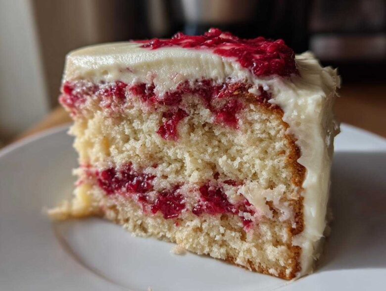Close-up of a moist slice of white chocolate raspberry cake showing layers of white cake, raspberry filling, and white chocolate frosting.