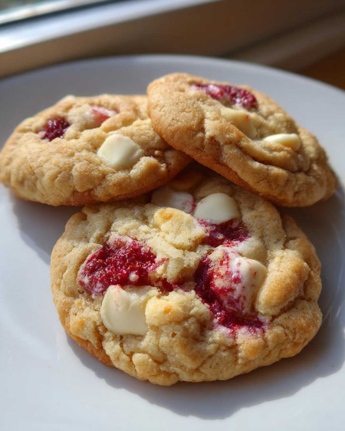 Three freshly baked white chocolate raspberry cookies showing melted white chocolate chips and bright red raspberry swirls on a white plate.