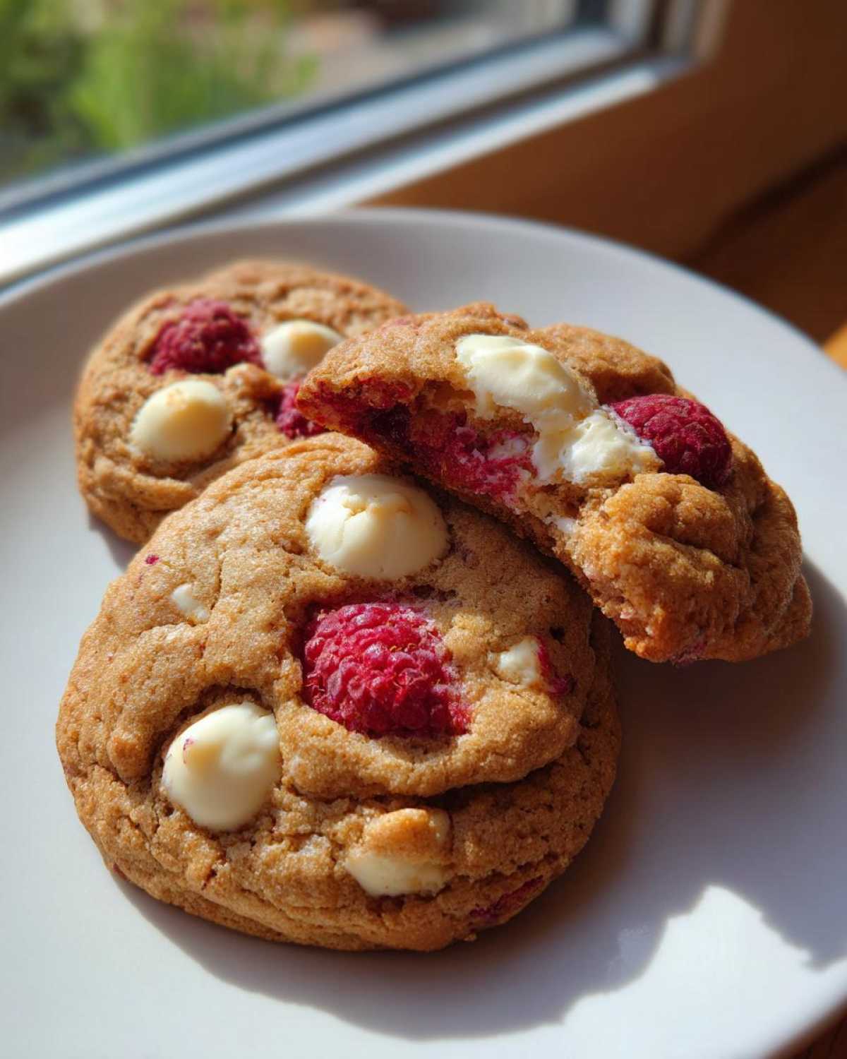 Three freshly baked white chocolate raspberry cookies on a white plate, one cookie is broken open showing the gooey center.