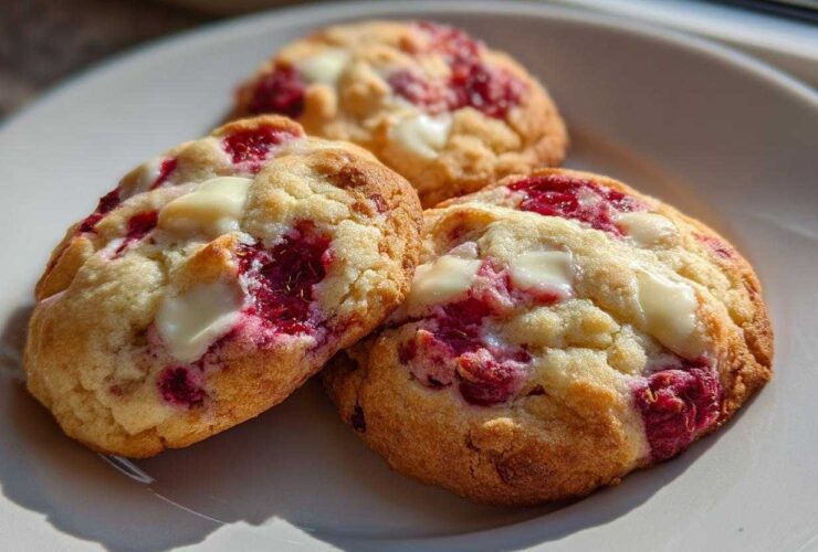 Three freshly baked white chocolate raspberry cookies resting on a white plate, bathed in sunlight.