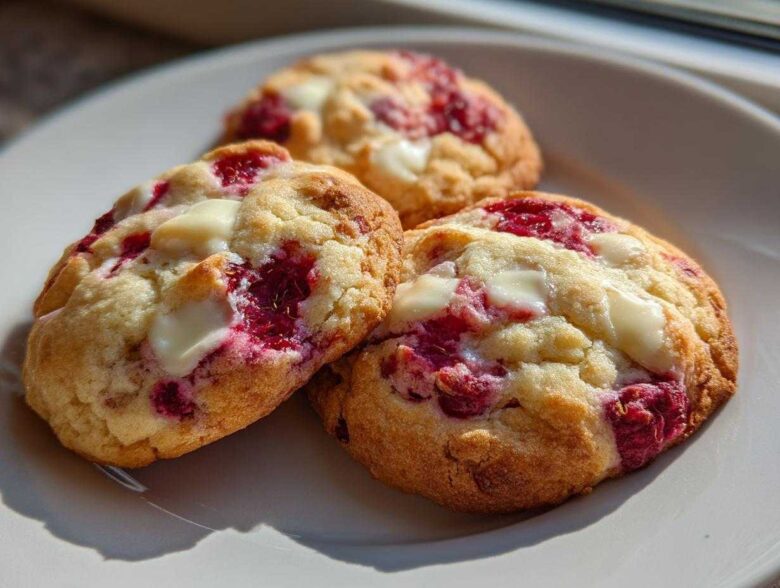 Three freshly baked white chocolate raspberry cookies resting on a white plate, bathed in sunlight.