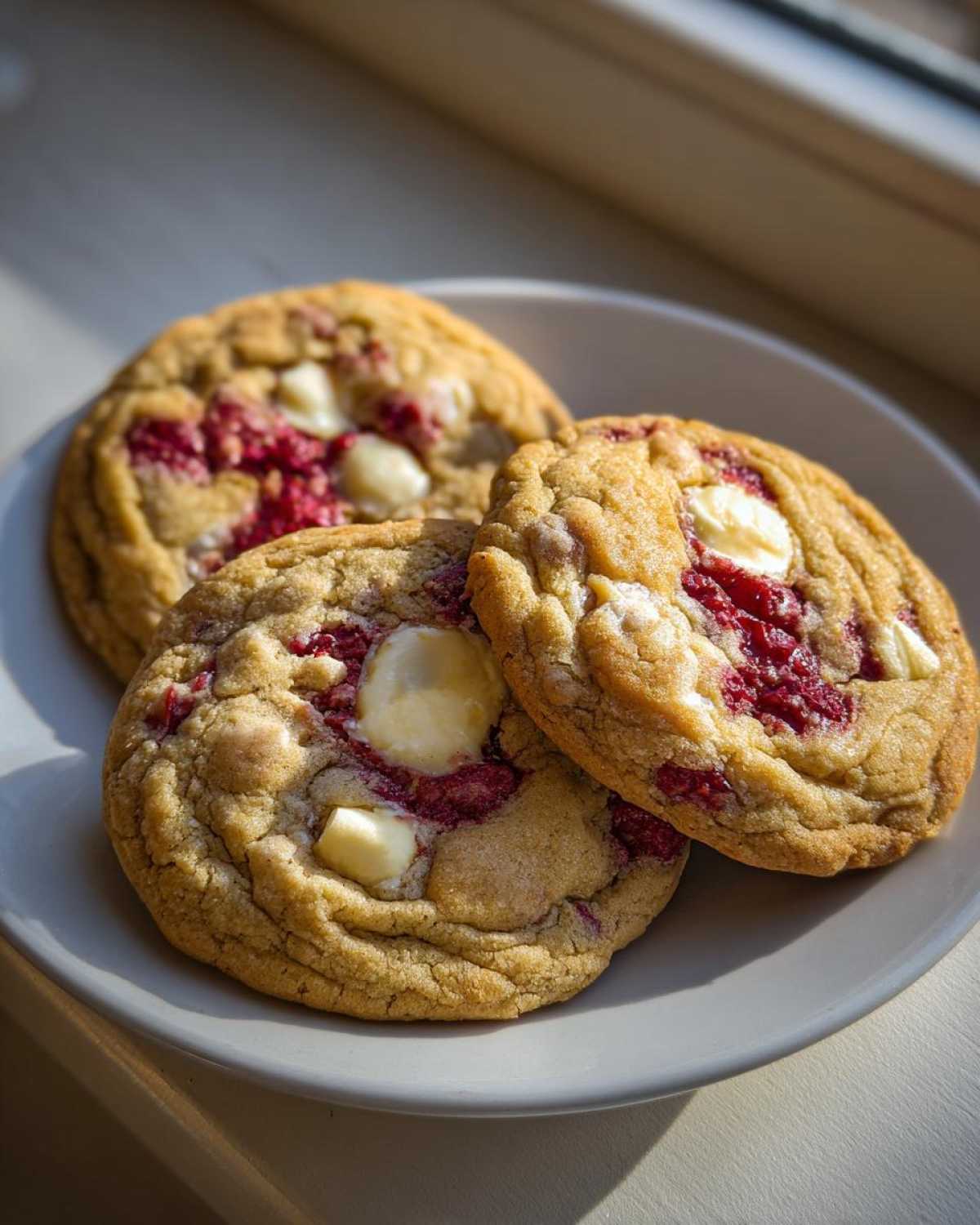 Three freshly baked white chocolate raspberry cookies resting on a light gray plate near a window.