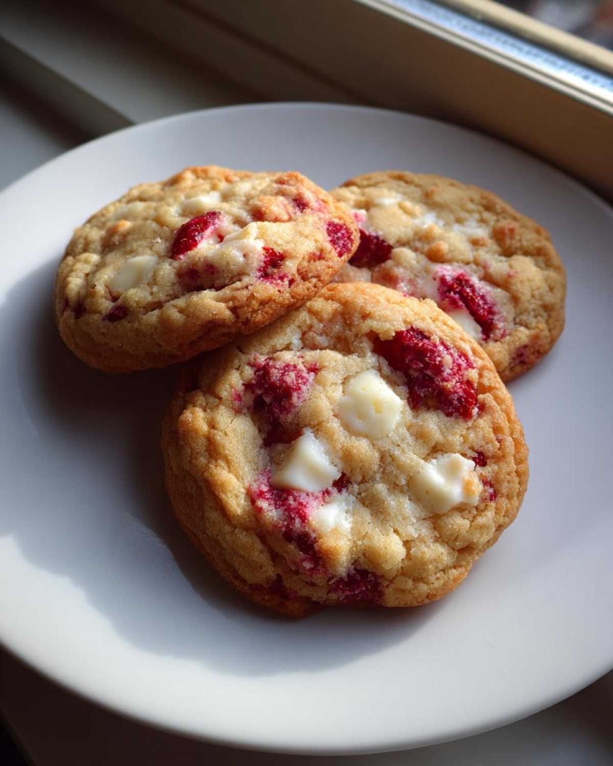 Three freshly baked white chocolate raspberry cookies resting on a white plate, illuminated by natural light.