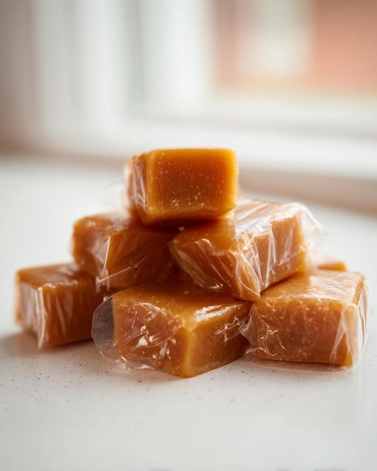 A small pile of individually wrapped, soft homemade caramel squares sitting on a light countertop.