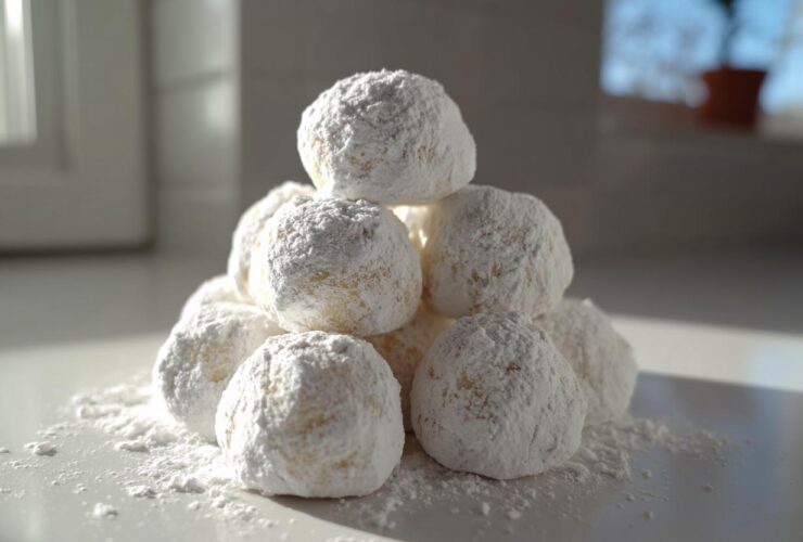 A mound of soft, round 3-ingredient cool whip cookies heavily dusted with powdered sugar on a white plate.